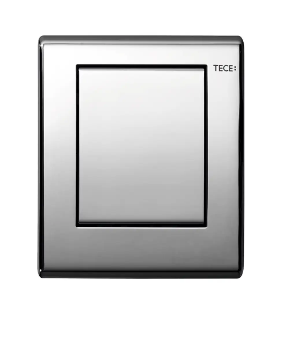 TECE-Betätigungsplatte für Urinale in glänzendem Chrom mit einer einfachen quadratischen Oberfläche. Minimalistisches Design ohne sichtbare Bedienelemente.
